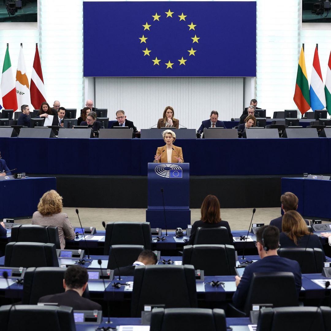 European Commission President Ursula von der Leyen speaks during a plenary session at the European Parliament in Strasbourg, eastern France, on Feb. 6, 2024. 