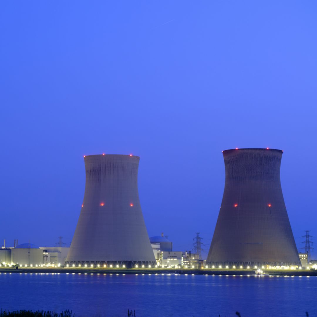 The Doel nuclear power station is seen at night on June 10, 2023, in Antwerp, Belgium. 
