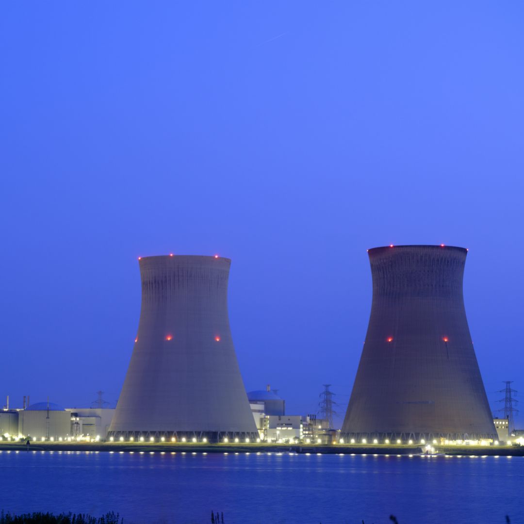 The Doel nuclear power station is seen at night on June 10, 2023, in Antwerp, Belgium. The Doel nuclear power station is seen at night on June 10, 2023, in Antwerp, Belgium.