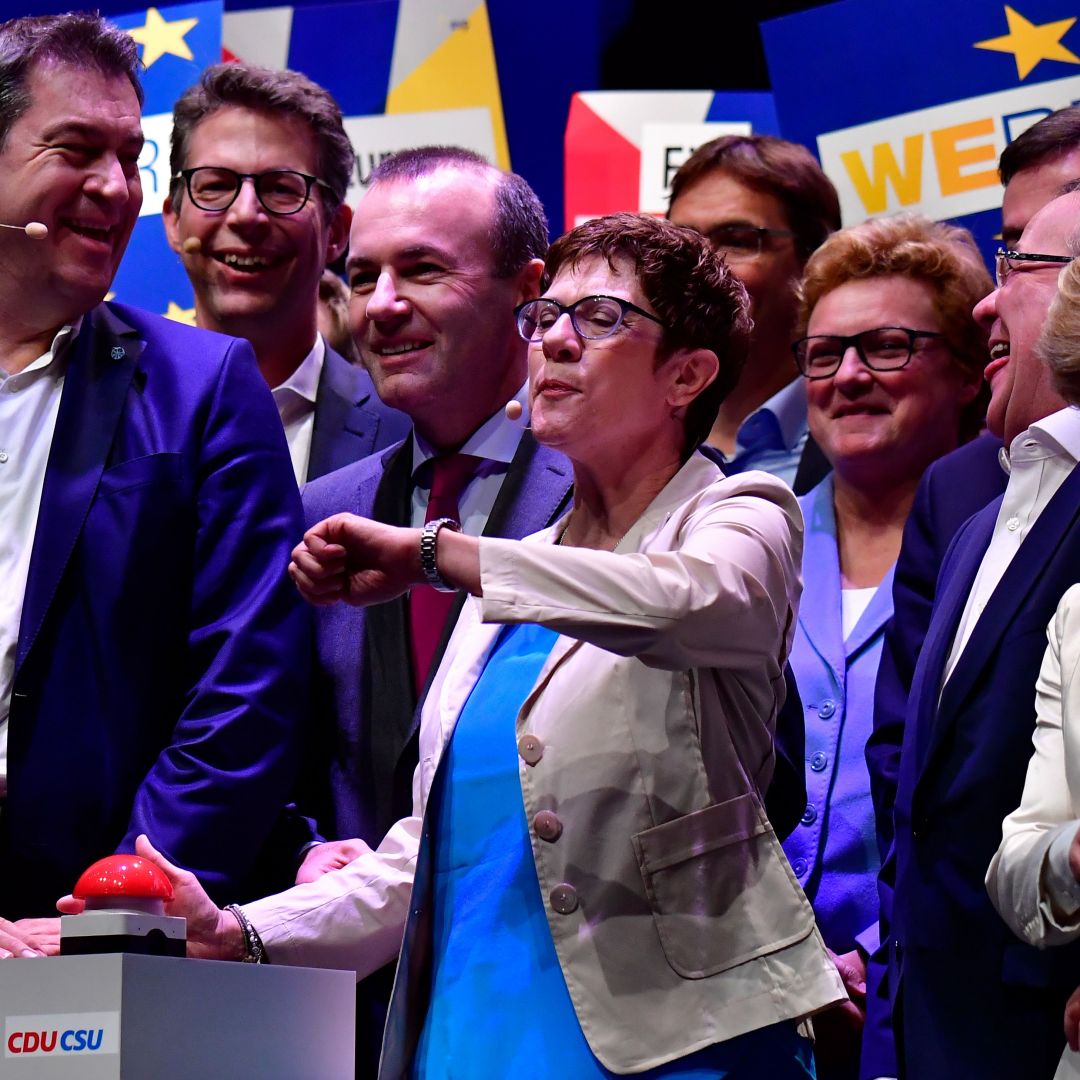 Throughout Europe, the vote for the Continental parliament will have a bearing on domestic politics at home. Members of Germany's ruling Christian Democratic Union (CDU) and Christian Social Union (CSU), including new CDU leader Annegret Kramp-Karrenbauer (C), launch the allied conservative parties' campaign for the European elections in an event in Muenster on April 27, 2019.