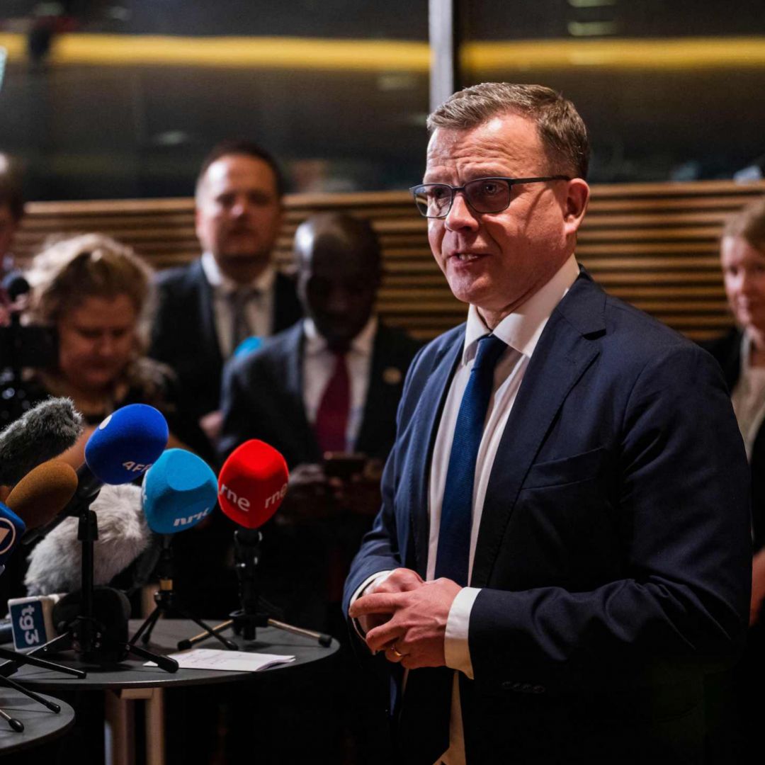 Petteri Orpo, the leader of Finland’s National Coalition party, speaks to the media in Helsinki following parliamentary elections on April 2, 2023. 