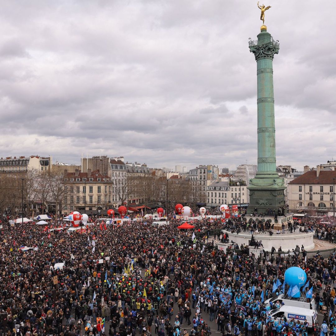 Protesters gather on Place de la Bastille in Paris, France, on March 23, 2023, to attend a demonstration a week after the government pushed a pension reform through Parliament without a vote. Protesters gather on Place de la Bastille in Paris, France, on March 23, 2023, to attend a demonstration a week after the government pushed a pension reform through Parliament without a vote.