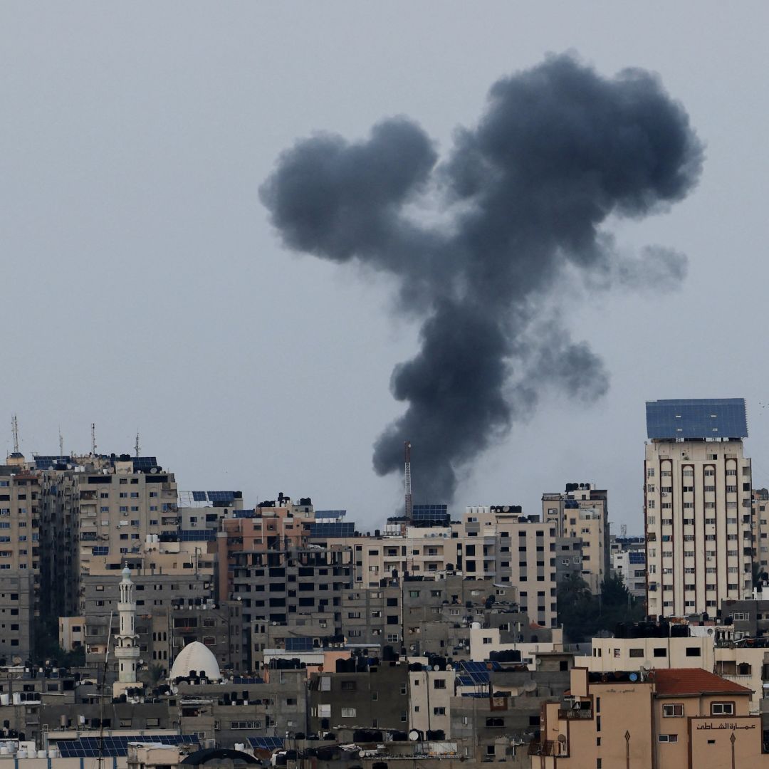 A plume of black smoke rises above Gaza City's skyline during an Israeli air strike on Oct. 8, 2023. A plume of black smoke rises above Gaza City's skyline during an Israeli air strike on Oct. 8, 2023.