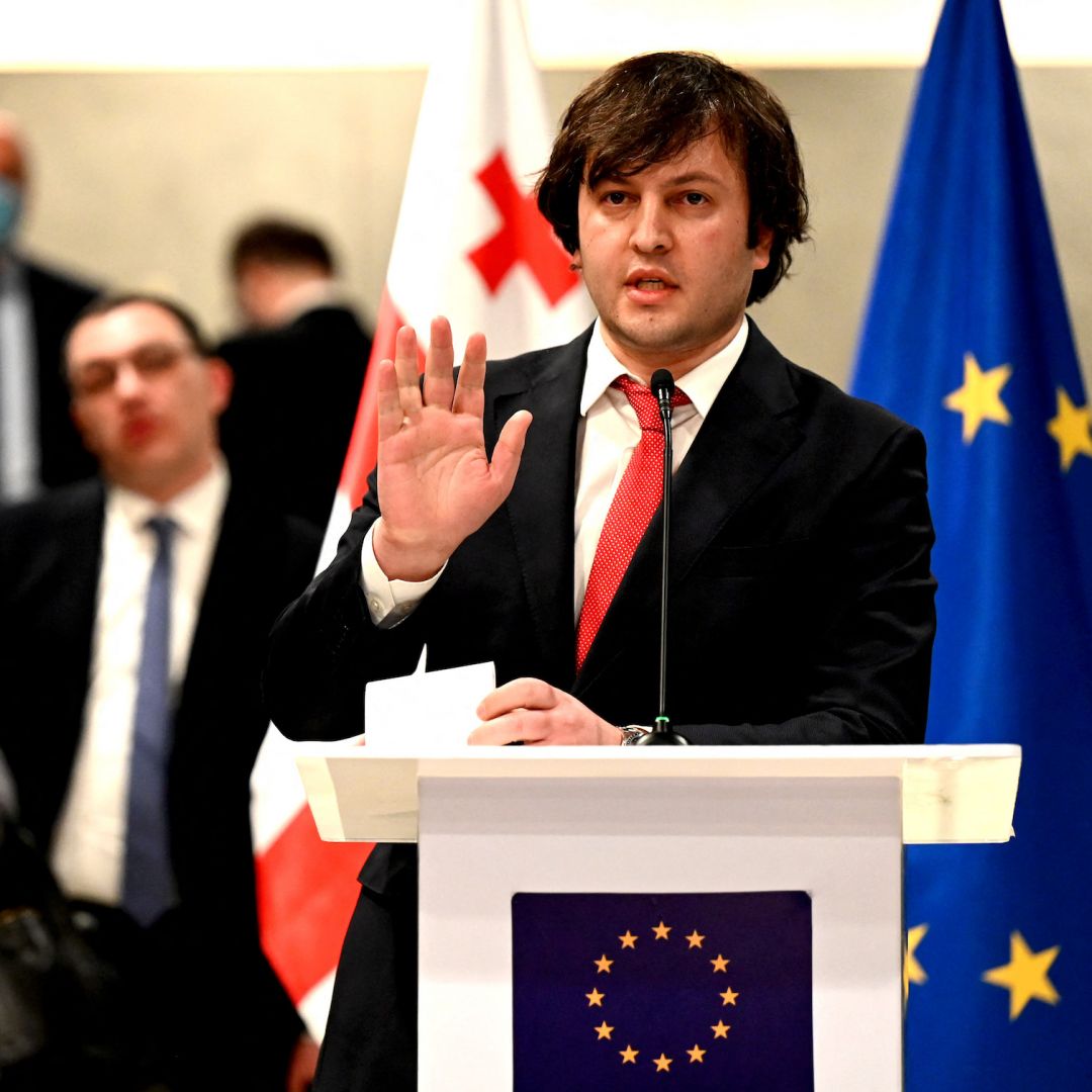 The chairman of Georgia’s ruling Georgian Dream party, Irakli Kobakhidze, attends a press conference following EU-mediated talks with opposition leaders in Tbilisi on March 31, 2021. 