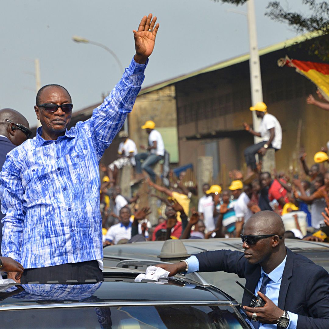 Guinean president Alpha Conde rallies supporters in Conakry after a series of violent protests opposing his efforts to extend his term in office.
