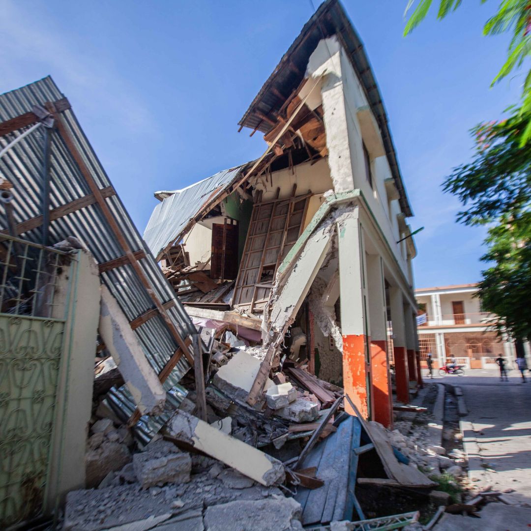 An Aug. 16, 2021, photo shows a building in Les Cayes, Haiti, that collapsed after a 7.2-magnitude earthquake struck the nation two days earlier.