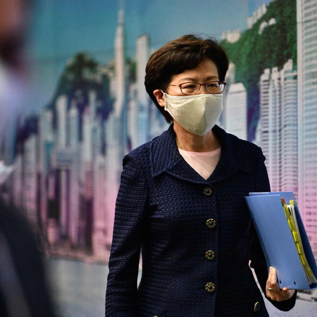 Hong Kong Chief Executive Carrie Lam at government headquarters in Hong Kong on July 31, 2020. Hong Kong Chief Executive Carrie Lam at government headquarters in Hong Kong on July 31, 2020.