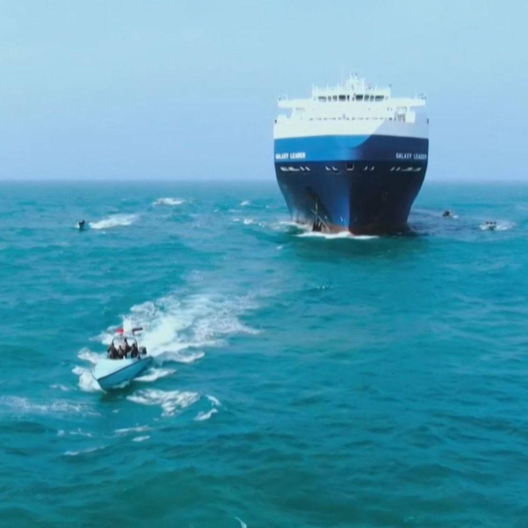 Houthis during the capture of an Israel-linked cargo vessel in November 2023 at an unnamed location in the Red Sea.