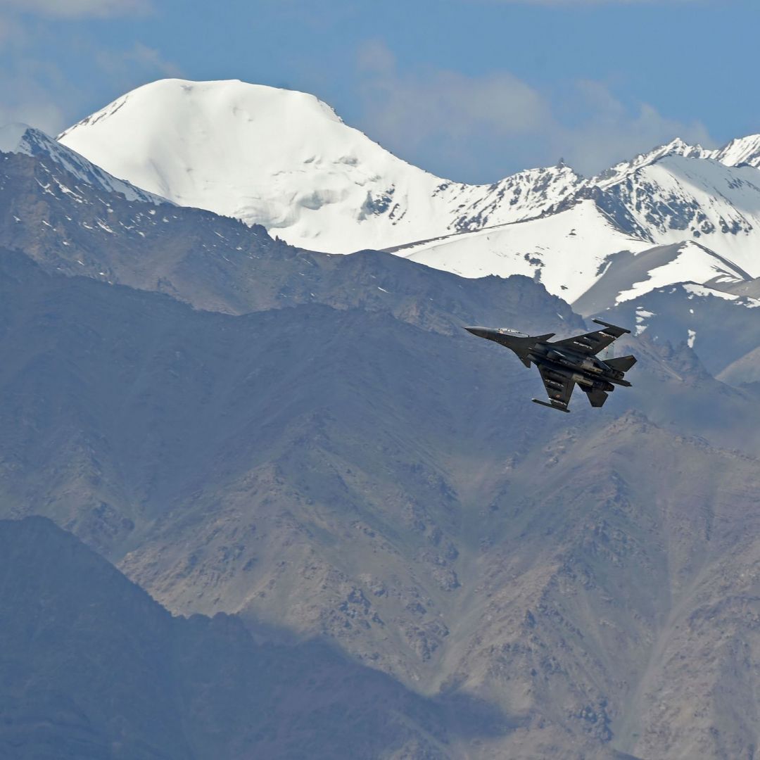 An Indian fighter jet flies over Leh, the joint capital of the union territory of Ladakh, on June 26, 2020.