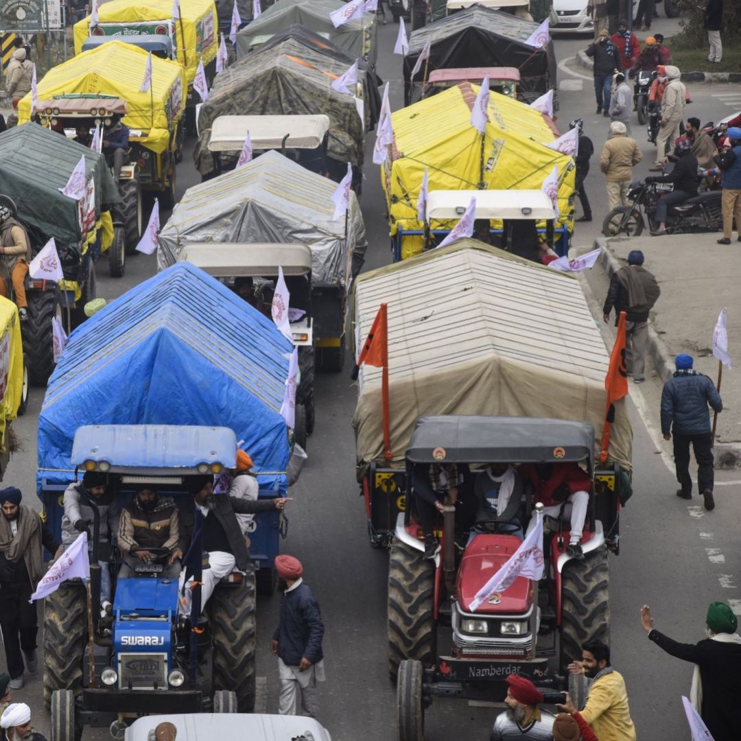 Farmers depart on their tractors to New Delhi to participate in ongoing protests against the Indian government's new agricultural reforms in Amritsar, India, on Jan. 12, 2021. Farmers depart on their tractors to New Delhi to participate in ongoing protests against the Indian government's new agricultural reforms in Amritsar, India, on Jan. 12, 2021.