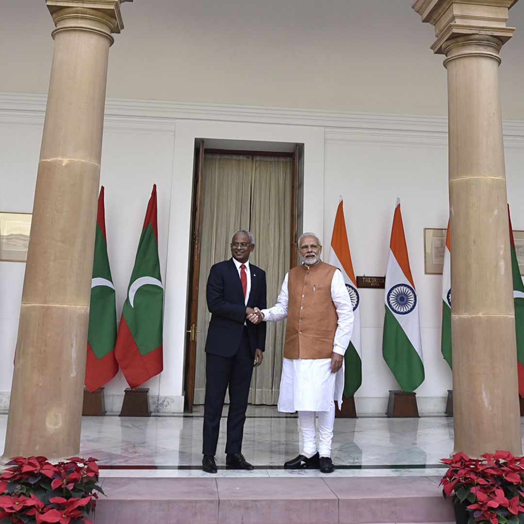 Indian Prime Minister Narendra Modi and Maldivian President Ibrahim Mohamed Solih shake hands before a meeting on Dec. 17, 2018, in New Delhi.