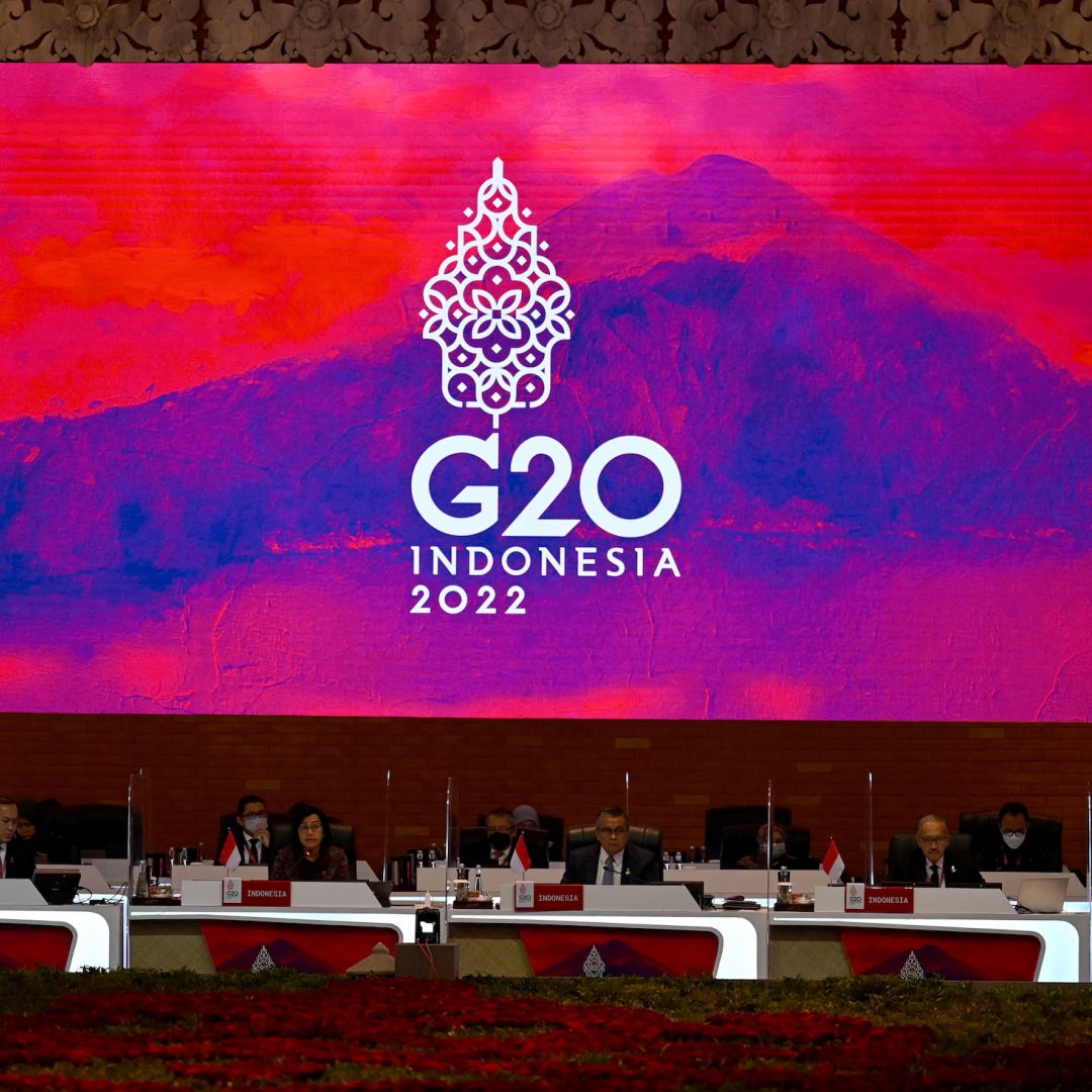 Indonesian Finance Minister Sri Mulyani (2 L) speaks during the G-20 Finance Ministers Meeting on July 15, 2022, in Nusa Dua, Bali, Indonesia. Indonesia will host the annual G-20 summit on Nov. 15-16. Indonesian Finance Minister Sri Mulyani (2 L) speaks during the G-20 Finance Ministers Meeting on July 15, 2022, in Nusa Dua, Bali, Indonesia.