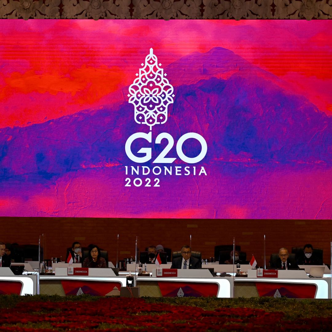 Indonesian Finance Minister Sri Mulyani (2 L) speaks during the G-20 Finance Ministers Meeting on July 15, 2022, in Nusa Dua, Bali, Indonesia.