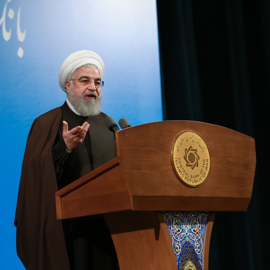 This picture shows Iranian President Hassan Rouhani speaking to the Central Bank of Iran.