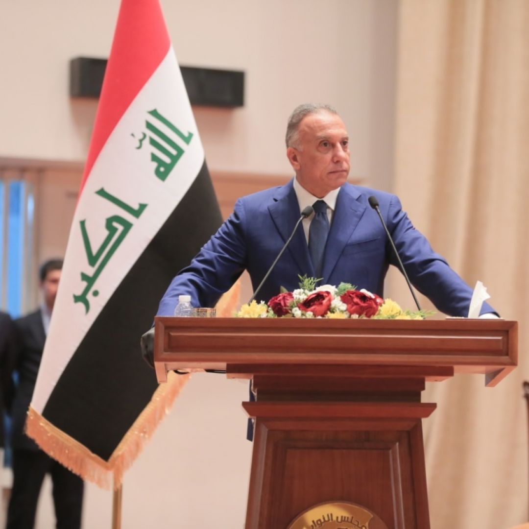 Iraqi Prime Minister Mustafa al-Kadhimi makes a speech in Baghdad on May 6, 2020. The following day, Iraq's parliament granted a vote of confidence to al-Kadhimi’s new government and swore in a majority of his 22 ministers. 