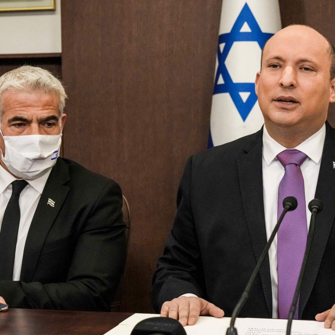 Israeli Prime Minister Naftali Bennett (R) and Foreign Minister Yair Lapid on Feb. 20, 2022, in Jerusalem.