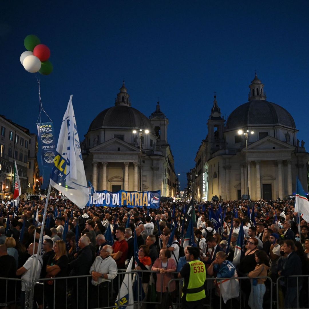 A joint rally of Italy's right-wing parties Brothers of Italy, Lega and Forza Italia takes place at Piazza del Popolo in Rome on Sept. 22, 2022. A joint rally of Italy's right-wing parties Brothers of Italy, Lega and Forza Italia takes place at Piazza del Popolo in Rome on Sept. 22, 2022.