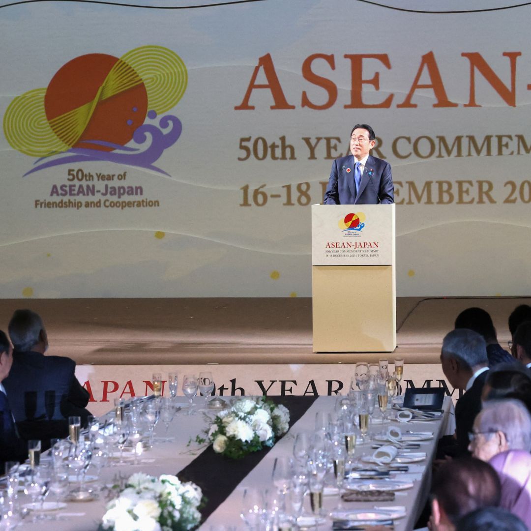 Japanese Prime Minister Fumio Kishida delivers a speech at the gala dinner for the ASEAN-Japan commemorative summit in Tokyo on Dec. 17, 2023. 