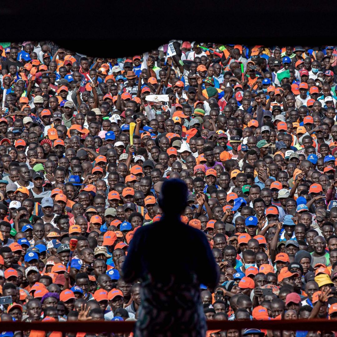 Kenya's former Vice President Kalonzo Musyoka delivers a speech during an Azimio La Umoja party (One Kenya Coalition Party) campaign rally in Jomo Kenyatta International Stadium in Kisumu on Aug. 4 ahead of the country's general election.