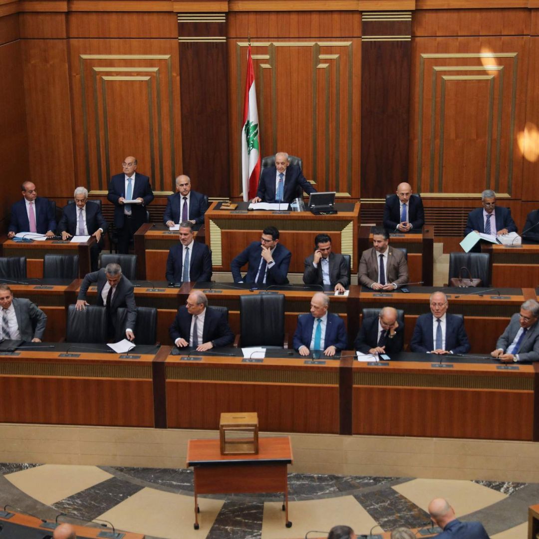Lebanese parliament speaker Nabih Berri (top-C) opens the National Assembly's first of 12 failed sessions to elect a new president in Beirut on Sept. 29, 2022. Lebanese parliament speaker Nabih Berri (top-C) opens the National Assembly's first of 12 failed sessions to elect a new president in Beirut on Sept. 29, 2022.