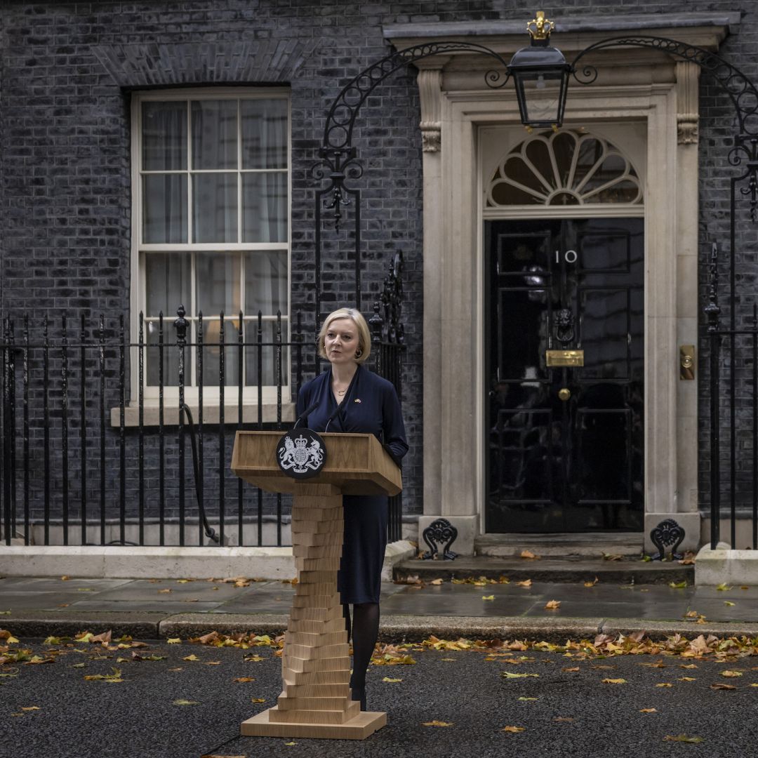 Liz Truss resigns as British prime minister on Oct. 20, 2022, in London. Liz Truss resigns as British prime minister on Oct. 20, 2022, in London.