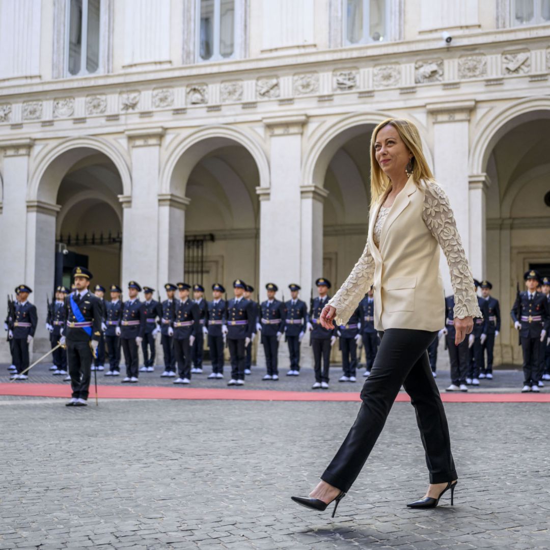 Italian Prime Minister Giorgia Meloni waits to welcome Bahrain's king (not pictured) at Palazzo Chigi in Rome, Italy, on Oct. 17, 2023. 