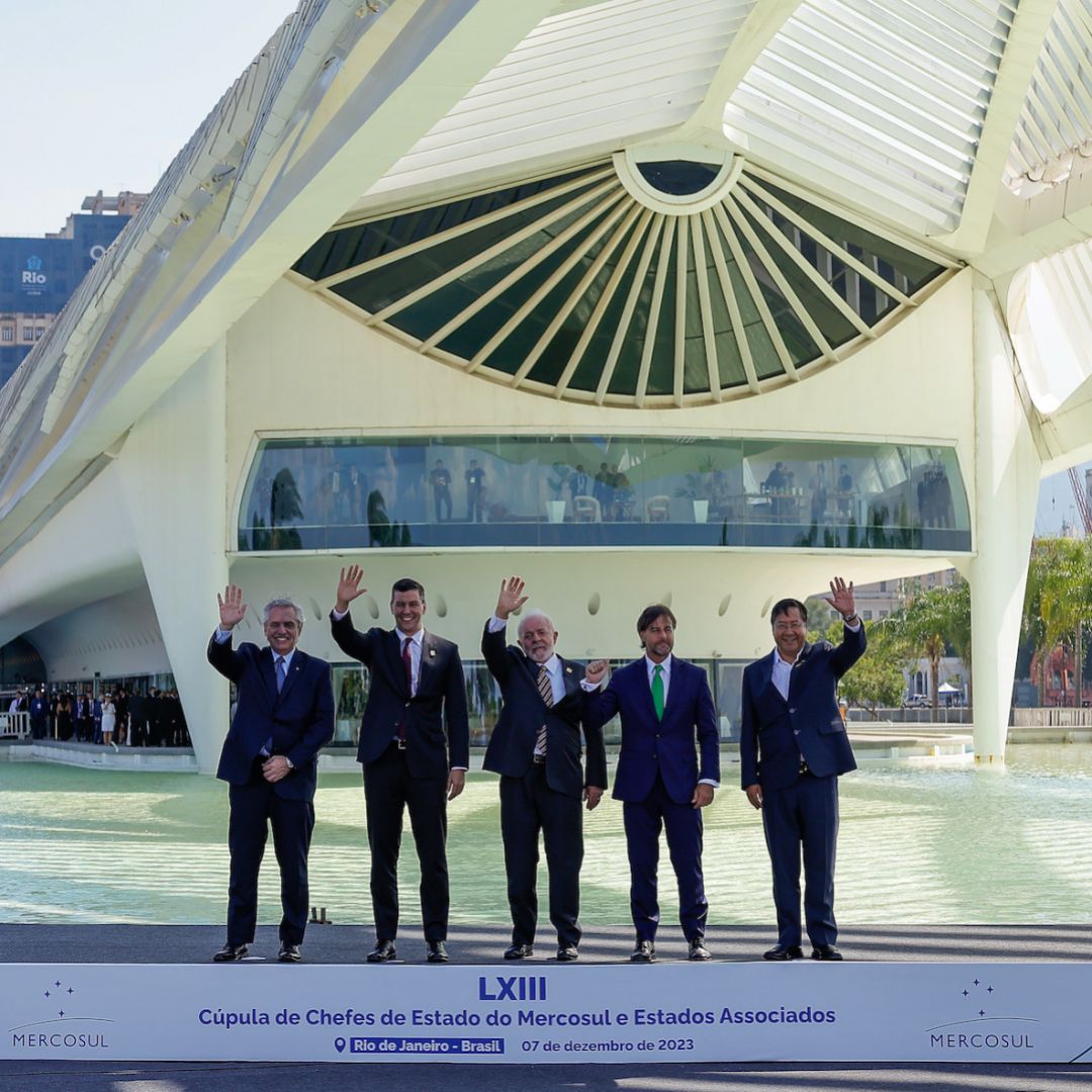 (From left to right) The presidents of Argentina, Paraguay, Brazil, Uruguay and Bolivia pose for photographs during the annual Mercosur leadership summit on Dec. 7, 2023, in Rio de Janeiro, Brazil.