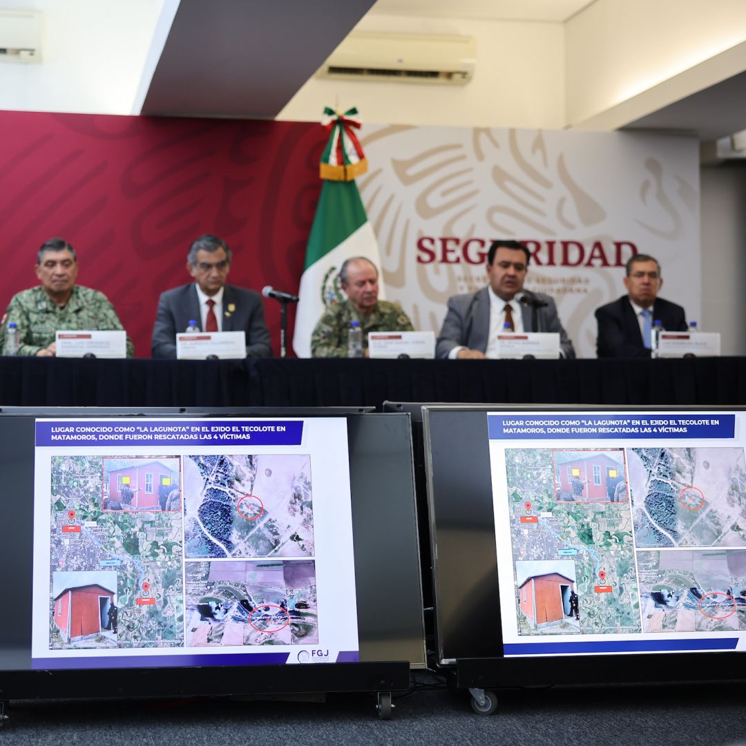 Images of the place where four U.S. citizens were found after being kidnapped in Matamoros, Mexico, are shown on screens during a press conference in Mexico City on March 7, 2023. Images of the place where four U.S. citizens were found after being kidnapped in Matamoros, Mexico, are shown on screens during a press conference in Mexico City on March 7, 2023.