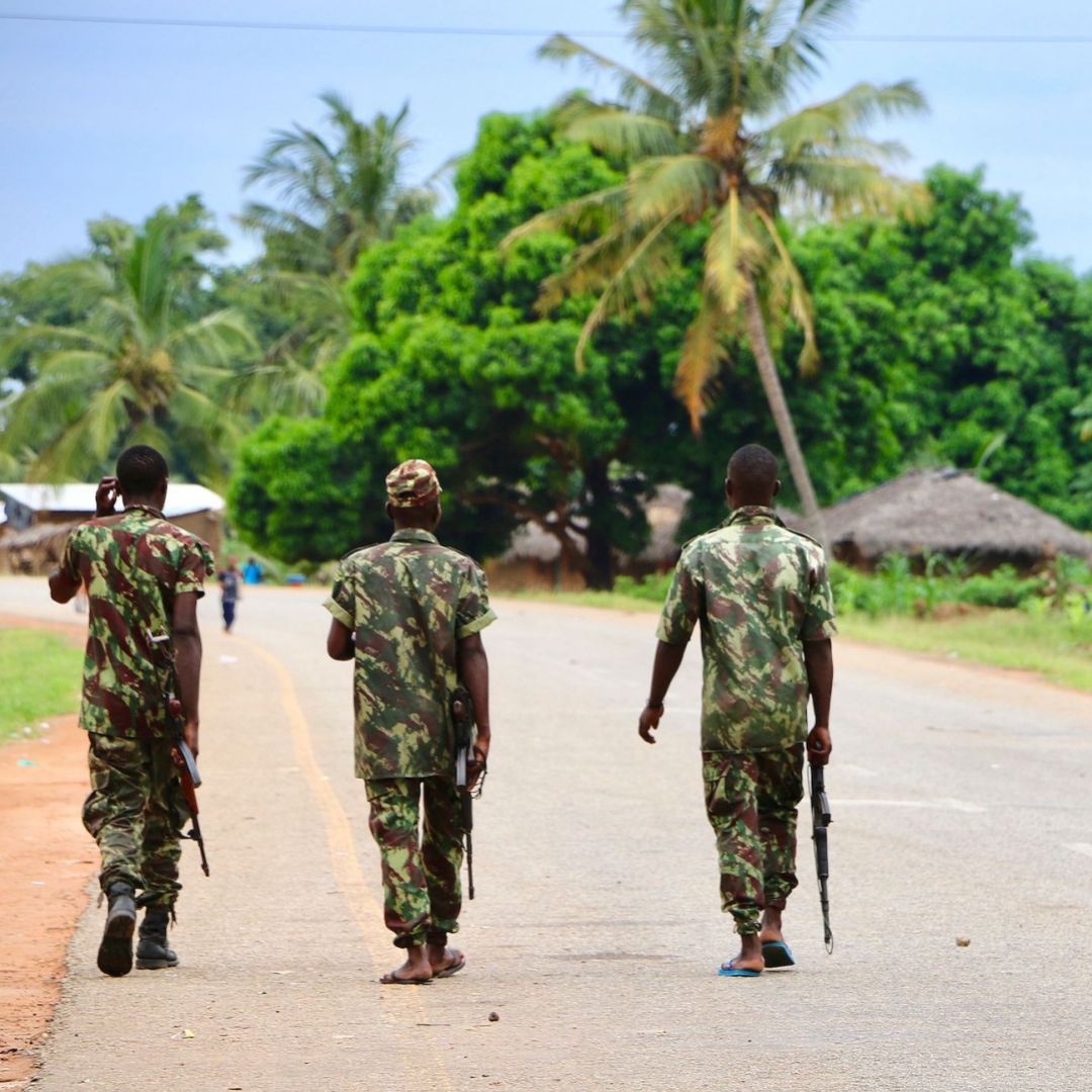 Soldiers patrol the streets in Mocimboa da Praia, Mozambique, on March 7, 2018. 