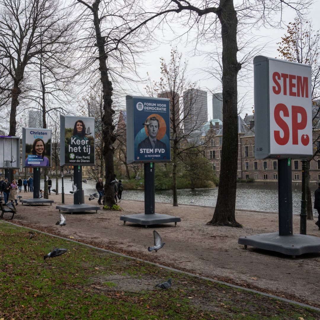 Posters for different political parties are displayed near the Dutch parliament building on November 19, 2023, ahead of the country's general election.