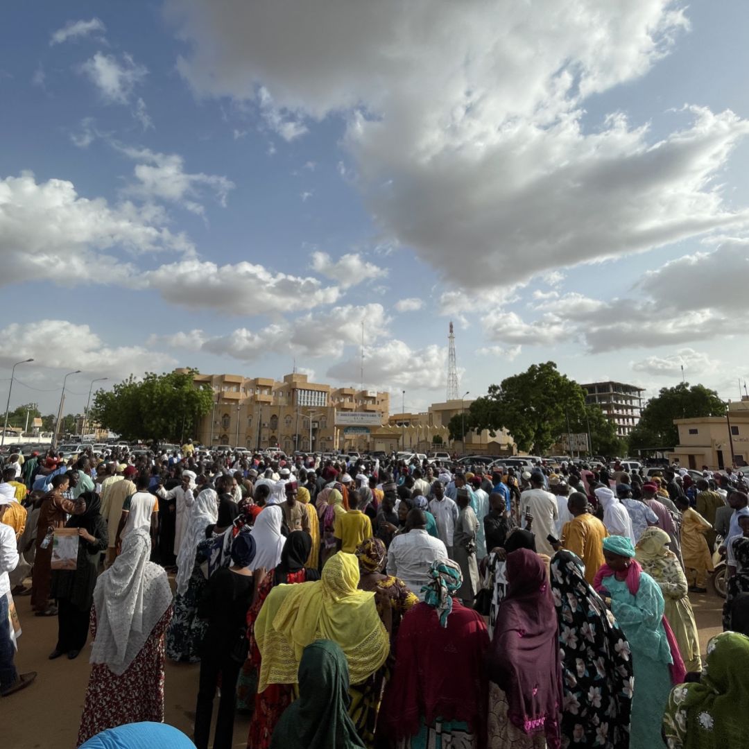 Nigeriens gather to show their support for President Mohamed Bazoum in Niamey, Niger, on July 26, 2023, after he was detained by guards earlier in the day. 