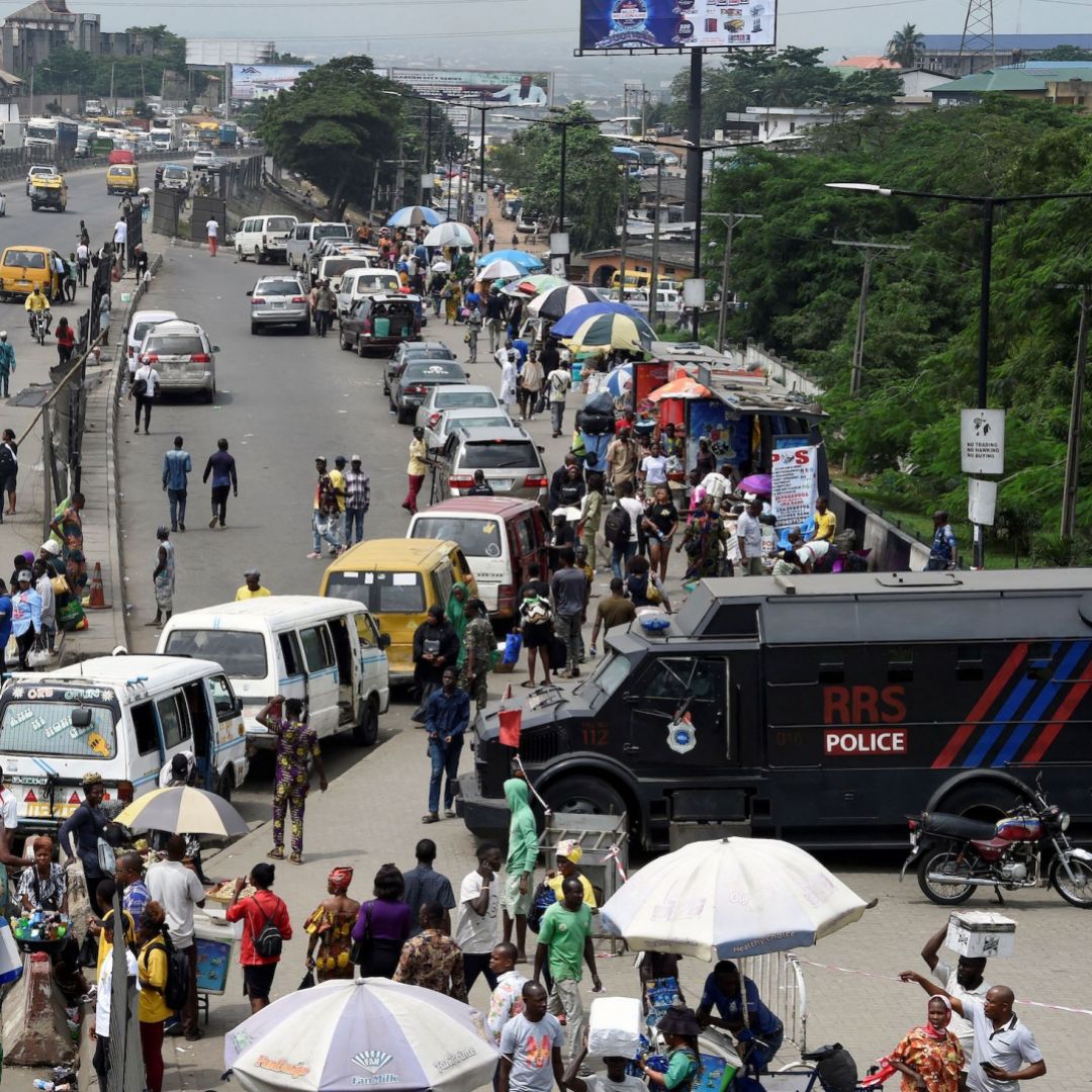 A police armored vehicle is deployed at a bus station at a boundary between Lagos and neighboring Ogun State in Lagos on Aug. 3, 2022. 