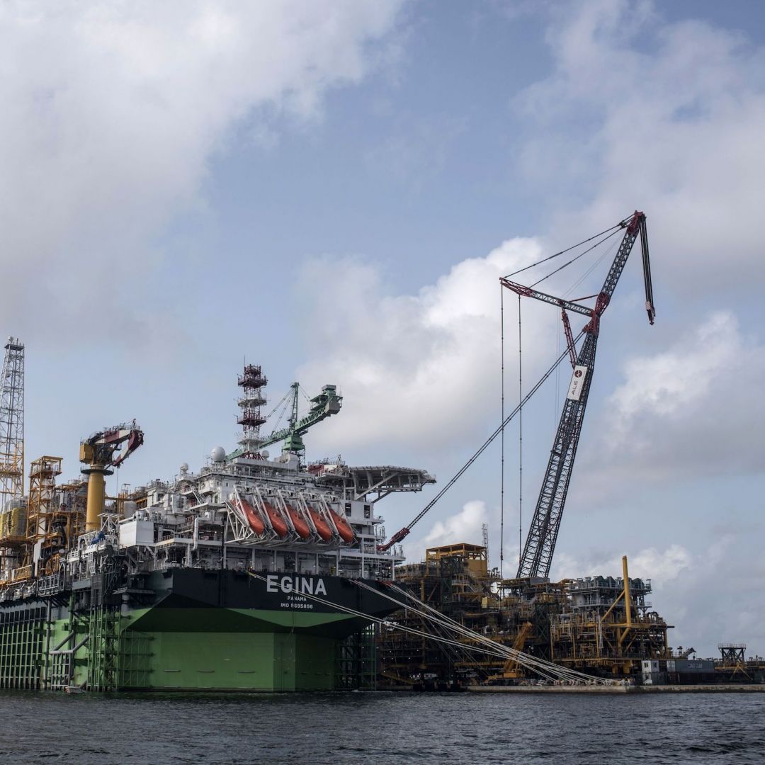 A photo shows the Egina FPSO (Floating Production Storage and Offloading) unit berthed at a harbor in Lagos, Nigeria. 