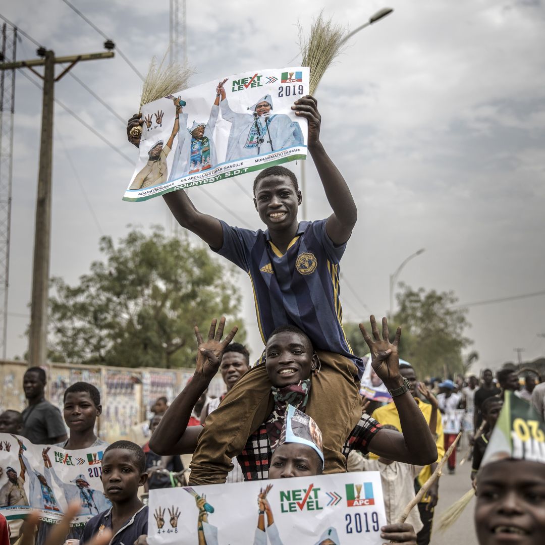 All Progressives Congress party supporters rally in Kano, Nigeria, as they celebrate the reelection of Muhammadu Buhari on Feb. 27, 2019.