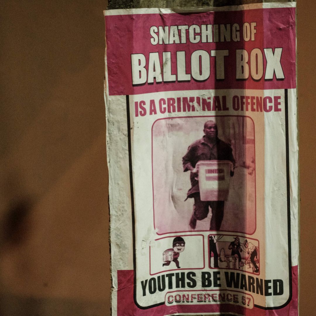 Nigerians vote in presidential and legislative elections on Feb. 16. Incumbent President Muhammadu Buhari is seeking a second four-year term in what is expected to be a close race with his top challenger, former Vice President Atiku Abubakar. A warning poster is shown in Lagos, Nigeria, ahead of presidential and legislative elections on Feb. 16.
