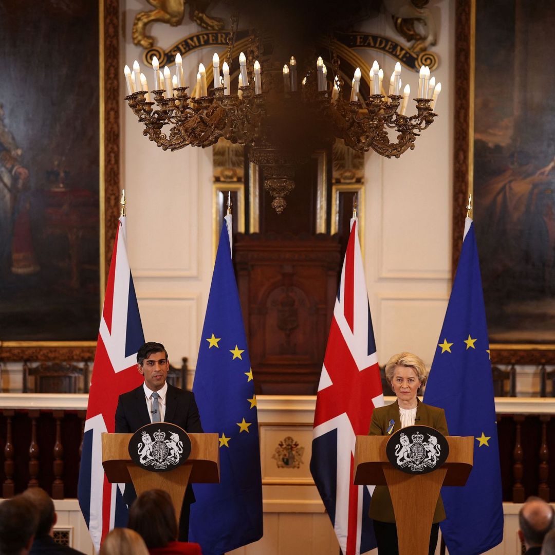 U.K. Prime Minister Rishi Sunak and European Commission Chief Ursula von der Leyen hold a joint press conference at the Fairmont Hotel in London on Feb. 27, 2023, following their meeting. FDP leader Christian Lindner, SPD leader Olaf Scholz and the co-leaders of Germany's Greens party Annalena Baerbock and Robert Habeck (left to right) pose during a press conference in Berlin after presenting their coalition agreement on Nov. 24, 2021.