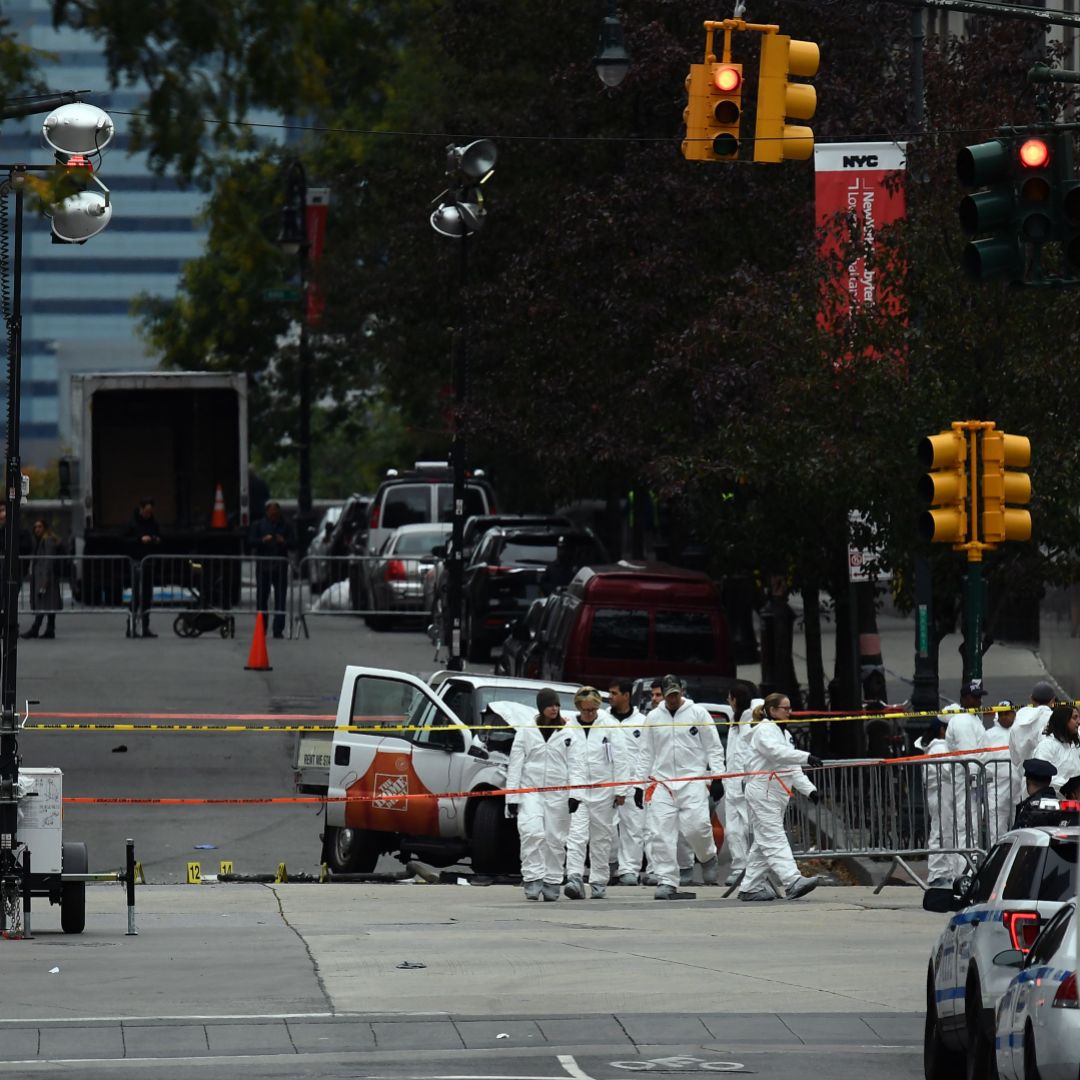 A Home Depot pickup truck that was used to plow into bicyclists on Oct. 31 sits wrecked in New York City.