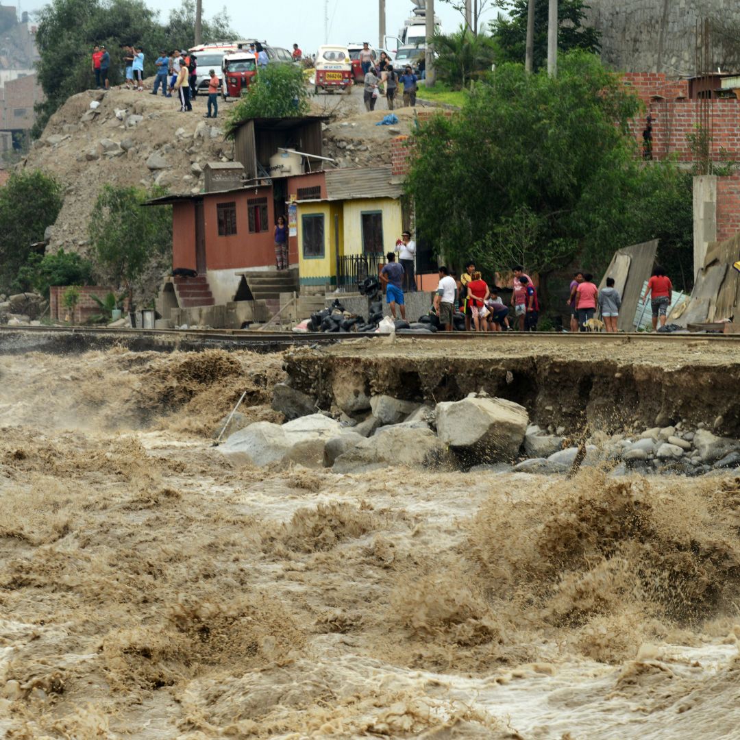 Flooding on the Rimac River on March 18, 2017, in Chosica, at the foot of the Andes east of Lima, Peru. The current El Nino contributed to floods, crop failure, heat waves and drought across Latin America in 2023, and its effects will persist until it lifts in the second quarter of 2024.