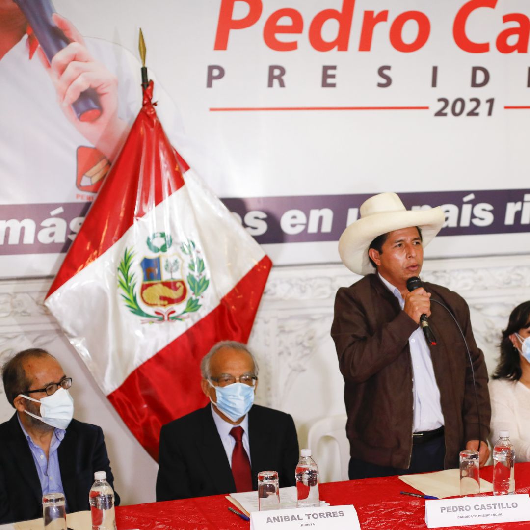 Peruvian presidential candidate Pedro Castillo speaks during a press conference in Lima on June 15, 2021. Peruvian presidential candidate Pedro Castillo speaks during a press conference in Lima on June 15, 2021.