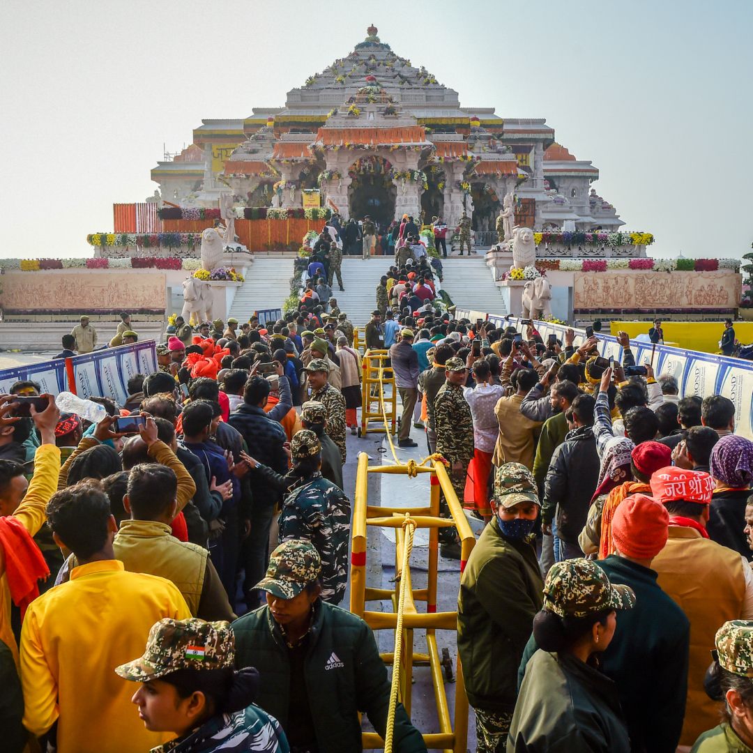 People line up to view a statue of Rama, a Hindu deity, at the newly consecrated Ram Temple on Jan. 23, 2024, in Ayodhya, India. 