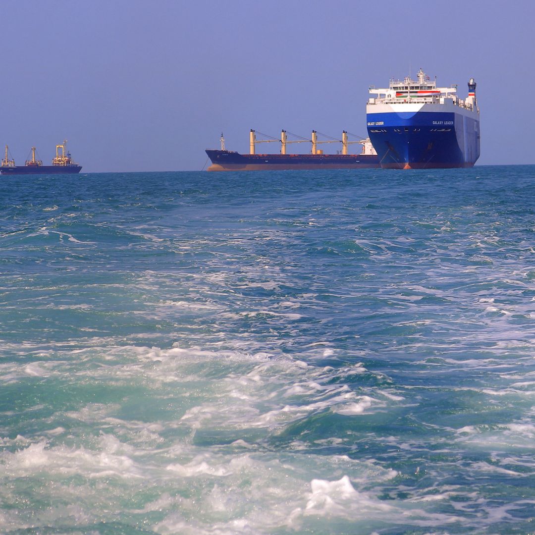 A picture taken on Nov. 22, 2023, shows the Galaxy Leader cargo ship (right), seized by Houthi fighters two days earlier, approaching a port in the Red Sea off Yemen's province of Hodeida. 