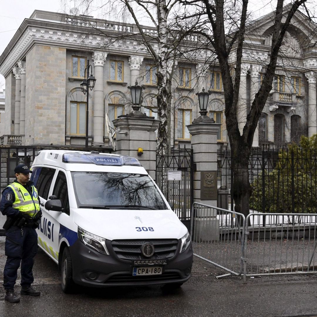 Police on April 8, 2022 guard the Russian Embassy in Helsinki, Finland. Amid the intense global media coverage of the military conflict in Ukraine, another battle is being waged largely in the shadows: Russia's spy network across Europe is being decimated. 