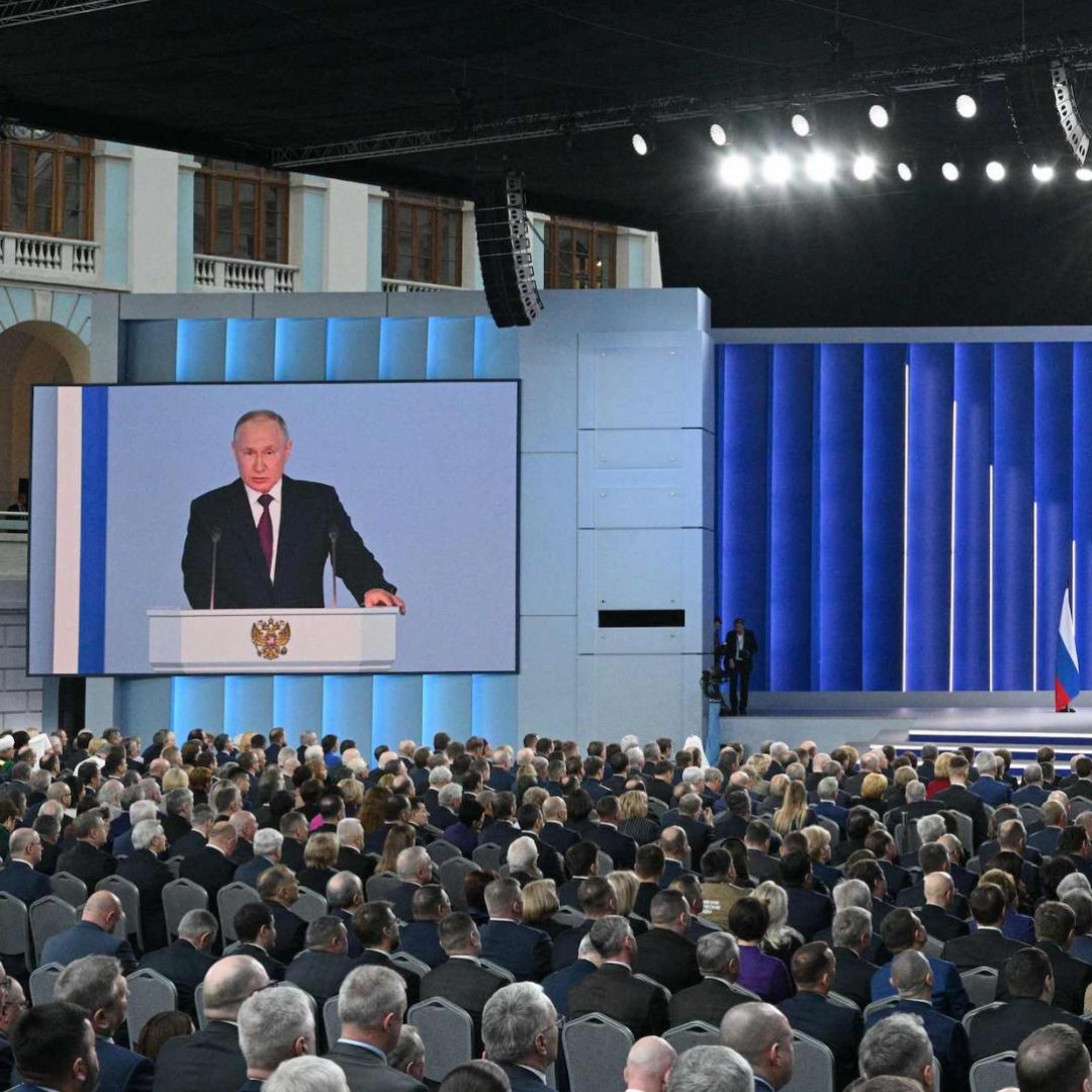 Russian President Vladimir Putin delivers his annual state of the nation address at the Gostiny Dvor conference center in Moscow, Russia, on Feb. 21, 2023. 