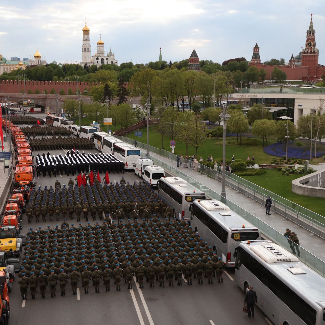 Russian soldiers march in Moscow on May 4, 2023, during a rehearsal for the Victory Day military parade on May 9. Russian soldiers march in Moscow on May 4, 2023, during a rehearsal for the Victory Day military parade on May 9.