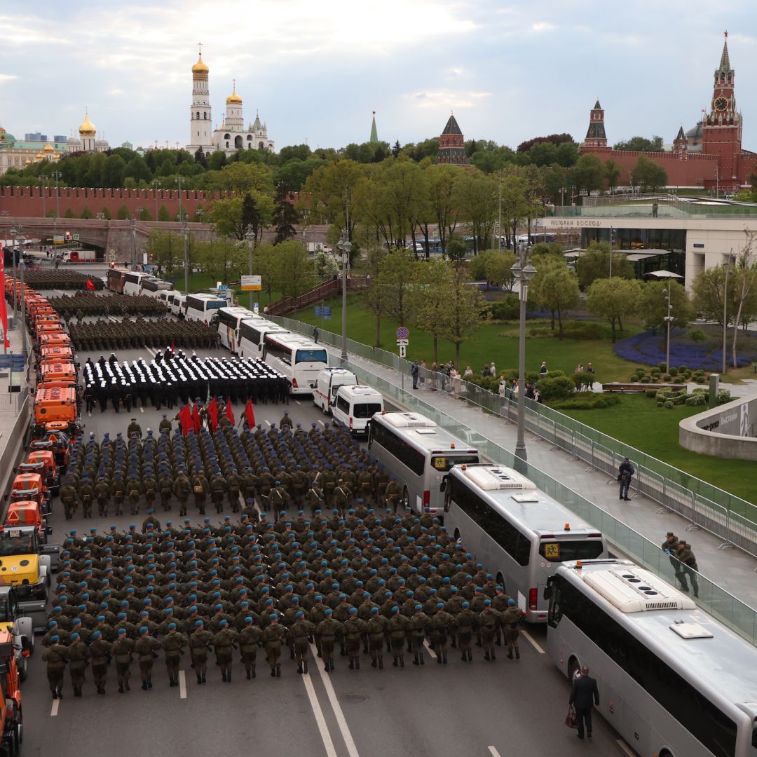 Russian soldiers march in Moscow on May 4, 2023, during a rehearsal for the Victory Day military parade on May 9.