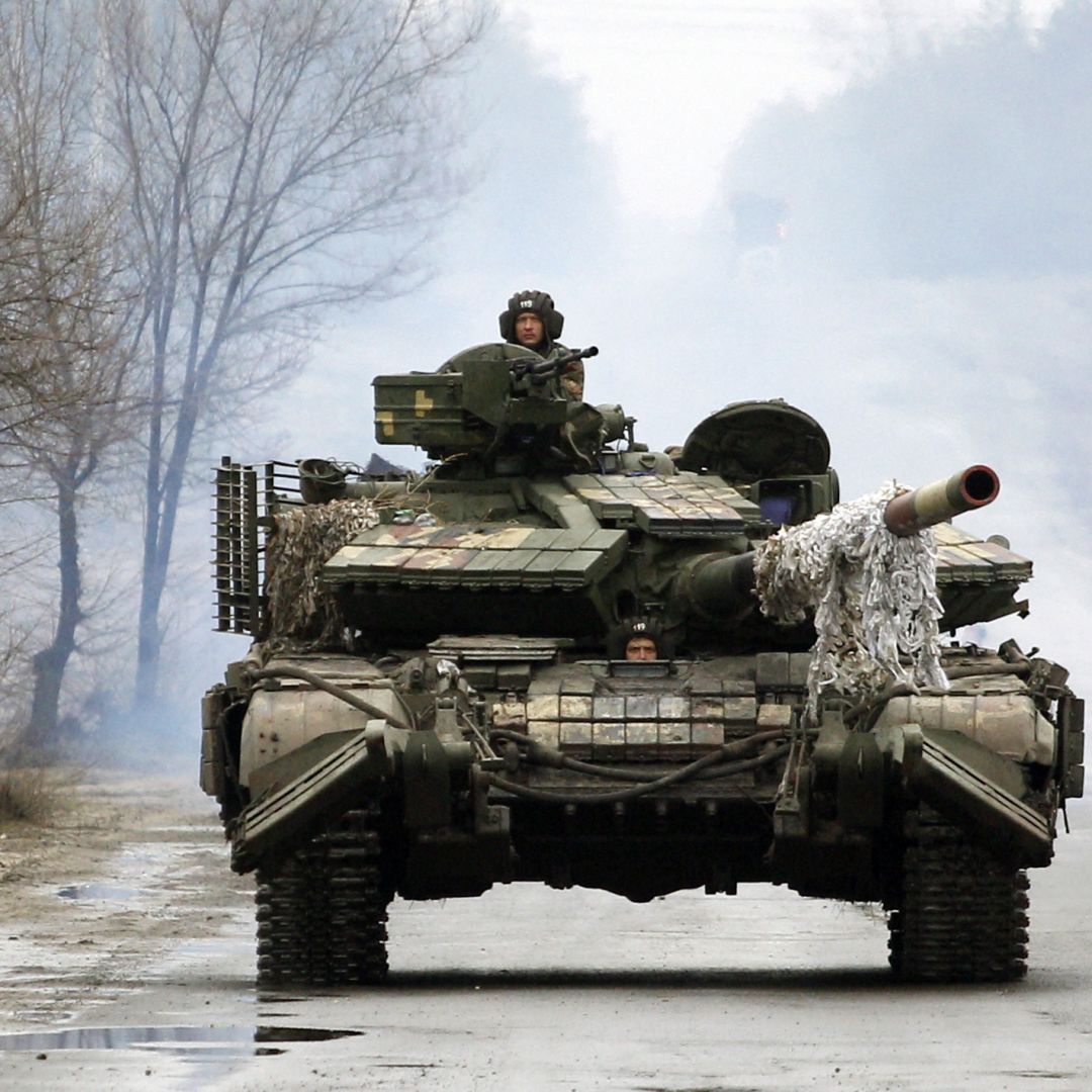 Ukrainian tanks approach the front lines with Russian forces Feb. 25, 2022, in the Lugansk region of Ukraine.