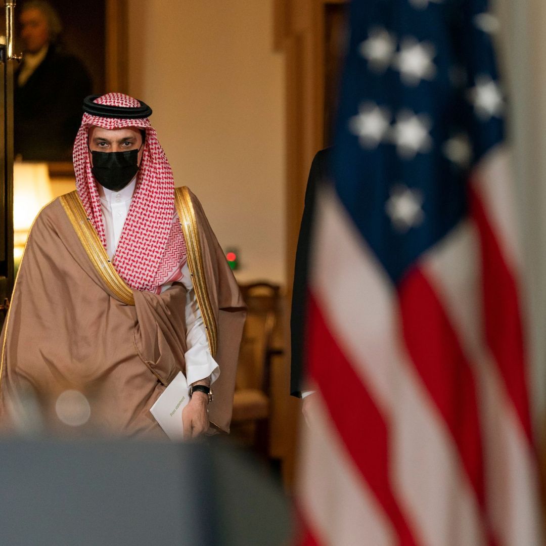 Foreign Minister Prince Faisal bin Farhan Al Saud walks the halls of the U.S. State Department in Washington D.C. after meeting with then-U.S. Secretary of State Mike Pompeo on Oct. 14, 2020. 