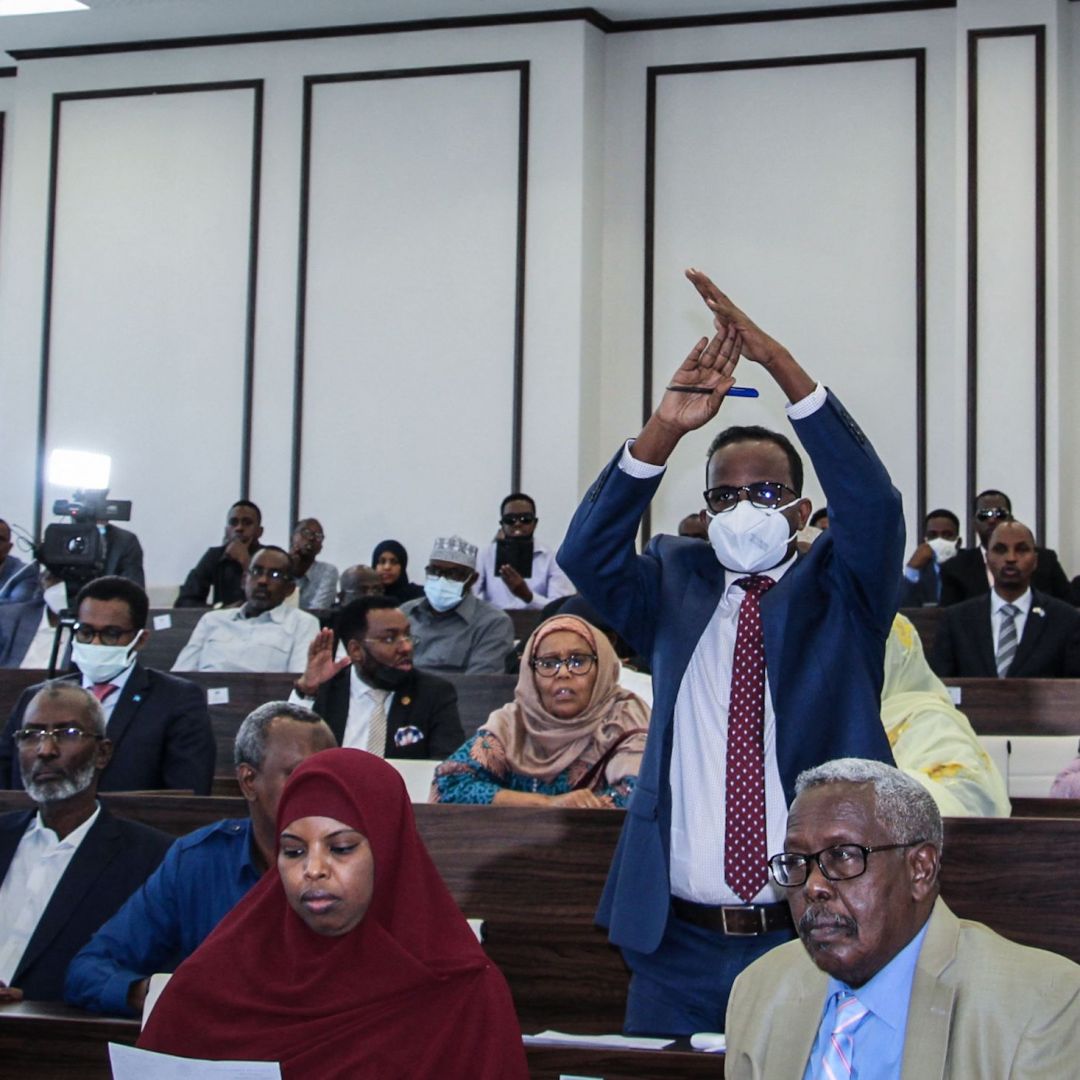 A member of parliament gestures in response to the president’s request to annul a law extending his term in Mogadishu, Somalia, on May 1, 2021. 