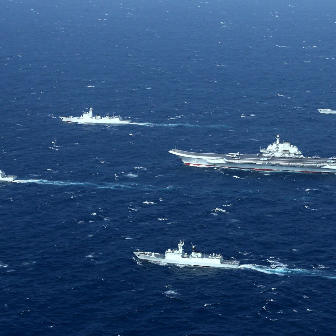 A Chinese navy formation, including the aircraft carrier Liaoning (C), during military drills Jan. 2, 2017, in the South China Sea.
