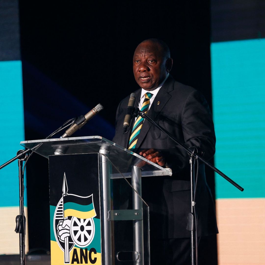 South African President and ANC leader Cyril Ramaphosa on Jan. 7, 2023, in Bloemfontein, South Africa.